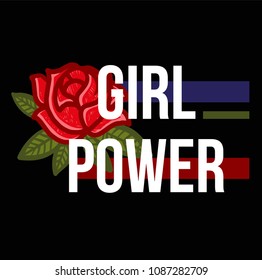 Abstract design lettering "girl power" with beauty fashion embroidery Japan style red rose. Modern mascot logo vector illustration for print design clothes t shirt patch sticker pin.