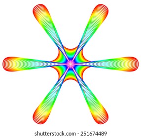 Abstract design of lines in 50 rainbow colors resembling a six blade propeller. The vector file is an AI 8 compatible eps file.