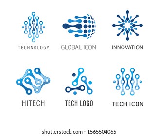 Abstract design logo or icon template of blue molecules shapes vector pattern. Creative idea concept, sign, symbol, identity, branding for business, science, technology, innovation, education.
