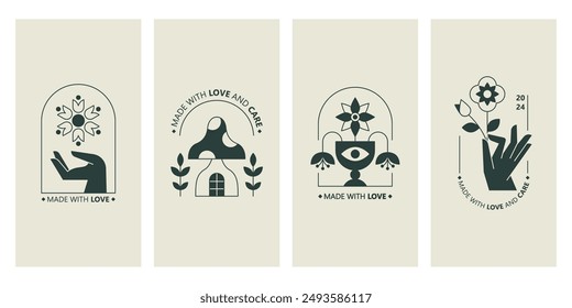 Plantilla de logotipo de diseño Abstractas con flor, hongo, pájaro y mano. Conjunto de emblema e insignia lineal minimalista moderno para tratamiento natural, productos cosméticos y moda.