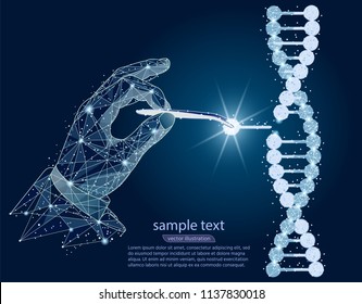 abstract design. Manipulation of DNA double helix with with bare hands, tweezers. isolated from low poly wireframe on white background. Vector abstract polygonal image mash line and point.