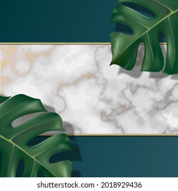 Abstract design. Marble background. Realistic monstera and golden rectangular frame.