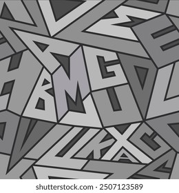 Abstract design with a maze of shapes and letters in gray tones. This piece is interesting to look at and could be used as a modern artistic backdrop.