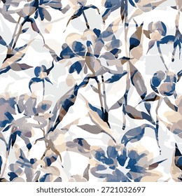 abstract design, medium size leaves and flowers, with blue and brown color, for digital print ideas for textiles or background images.