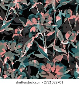 abstract design, medium size leaves and flowers with green and red color, for digital print ideas for textiles or background images.