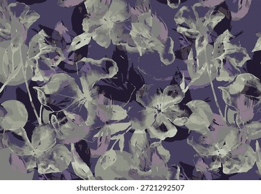 Diseño abstracto, hojas y flores de tamaño Mediano, con color púrpura, para ideas de impresión digital para textiles o Imágenes de fondo.