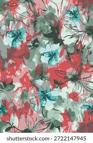 abstract design, medium size leaves and flowers, with red color, for digital print ideas for textiles or background images.