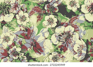 abstract design, medium size leaves and flowers, with yellow and green color, for digital print ideas for textiles or background images.