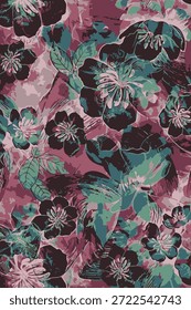 Diseño abstracto, hojas y flores de tamaño Mediano, con color rojo y verde, para ideas de impresión digital para textiles o Imágenes de fondo.