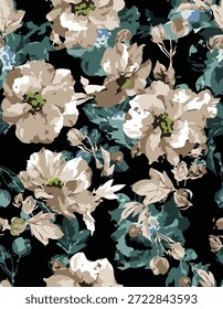 abstraktes Design, mittelgroße Blätter und Blumen, mit cremefarbener und grüner Farbe, für digitale Printideen für Textilien oder Hintergrundbilder.