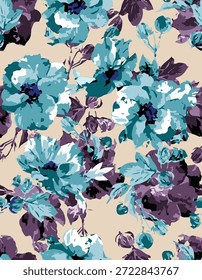 Diseño abstracto, hojas y flores de tamaño Mediano, con color azul y crema, para ideas de impresión digital para textiles o Imágenes de fondo.