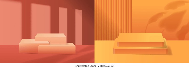 Diseño Abstractas De Podios Minimalistas De Vector 3D Que Proyectan Sombras Suaves En Paredes De Tonos Cálidos. Fondos Para Presentaciones