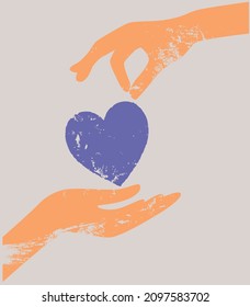Abstract design. Minimalistic boho-style heart symbols. Vector illustration. The hands transmit the heart.