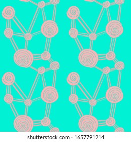 Abstract design molecular grid on turquois backdrop. Pink whorl seamless pattern for bed linen, phone case, book cover, wrap paper, bath tile. Bag, t-shirt or hoody print. Stock vector illustration