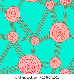 Abstract design molecular grid on turquois backdrop. Pink whorl seamless pattern for bath tile, phone case, bed linen, wrap paper, book cover. Bag, t-shirt or hoody print. Stock vector illustration
