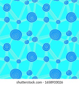 Abstract design molecular grid on aqua menthe backdrop. Blue whorl seamless pattern for phone case, wrap paper, bed linen, bath tile, book cover. Bag, t-shirt or hoody print. Stock vector illustration