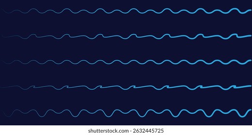Abstract design of multiple light blue wavy lines on a dark background. A striking graphic design featuring several horizontal, light blue wavy lines against a deep navy or black background.