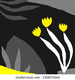 Abstract design with nature-inspired and abstract shapes in gray, white, black and neon yellow. Creative and modern vector illustration, contemporary collage art, greeting card, packaging design.