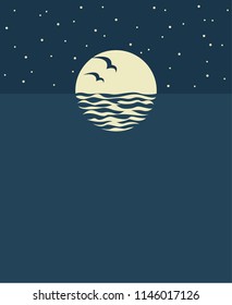 abstract design of ocean background with moon, waves and seagulls