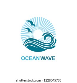 abstract design of ocean icon with waves and seagulls isolated on white background