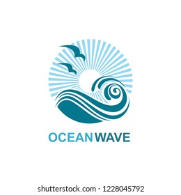 abstract design of ocean icon with waves and seagulls isolated on white background