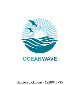 abstract design of ocean icon with waves and seagulls isolated on white background