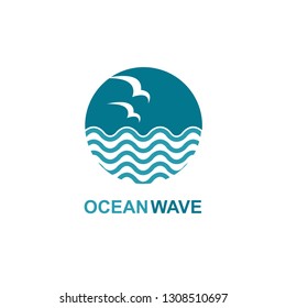 abstract design of ocean icon with waves and seagulls isolated on white background