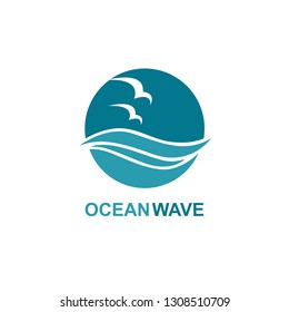 abstract design of ocean icon with waves and seagulls isolated on white background