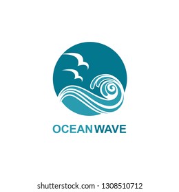 abstract design of ocean icon with waves and seagulls isolated on white background