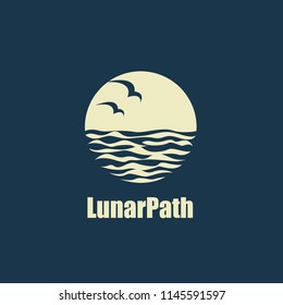 abstract design of ocean logo with moon, waves and seagulls