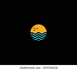abstract design of ocean logo with moon, waves and seagulls