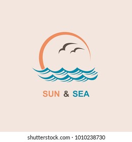 abstract design of ocean logo with sun, waves and seagulls