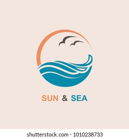 Abstract Design Of Ocean Logo With Sun, Waves And Seagulls