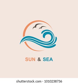 abstract design of ocean logo with sun, waves and seagulls