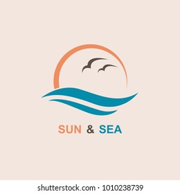 abstract design of ocean logo with sun, waves and seagulls