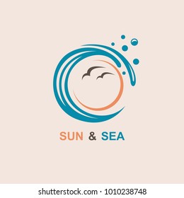diseño abstracto del logotipo del océano con sol, olas y gaviotas
