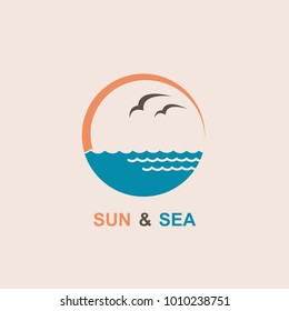 abstract design of ocean logo with sun, waves and seagulls