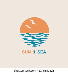 abstract design of ocean logo with sun, waves and seagulls