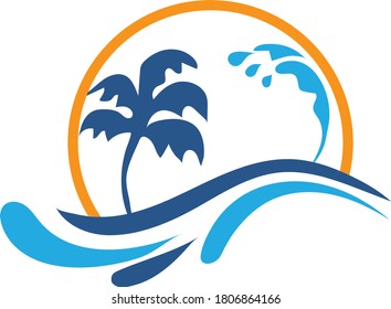 abstract design of ocean logo with sun, waves and seagulls