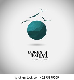 Abstract design of ocean logo with waves and seagulls. Vector illustration