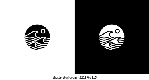 abstract design of ocean logo with waves and sun	
