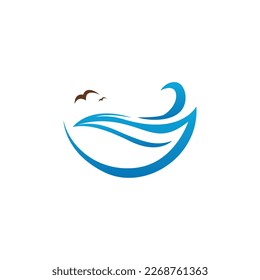Abstract design of ocean logo with waves and seagulls.