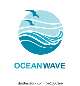 Abstract design of ocean logo with waves and seagulls. Vector illustration