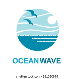 Abstract design of ocean logo with waves and seagulls. Vector illustration