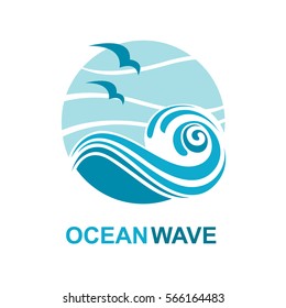 Abstract design of ocean logo with waves and seagulls. Vector illustration
