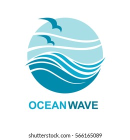 Abstract design of ocean logo with waves and seagulls. Vector illustration