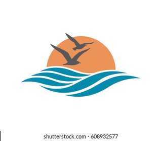 Abstract design of ocean logo with waves and seagulls. Vector illustration