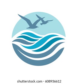 Abstract design of ocean logo with waves and seagulls. Vector illustration