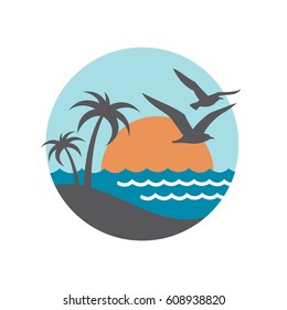 Abstract design of ocean logo with waves and seagulls. Vector illustration