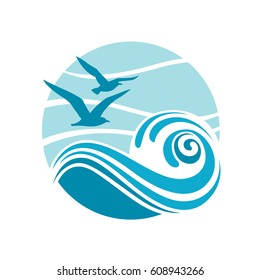 Abstract design of ocean logo with waves and seagulls. Vector illustration